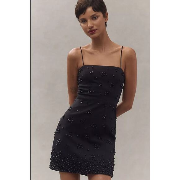 Anthropologie X Bhldn Emerson Straight-Neck Pearl-Embellished Mini Dress Black M